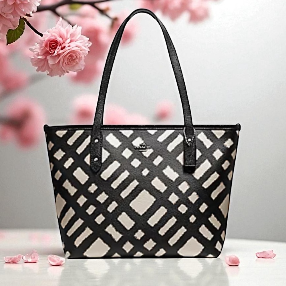 COACH MINI CITY ZIP TOTE WITH WILD PLAID PRINT. EUC.